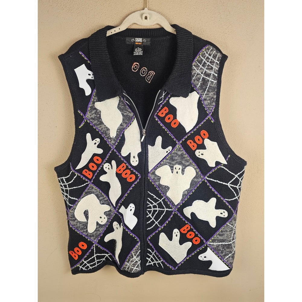 Vintage Segue Boo! Womens Halloween Ghost Sweater Vest XL
